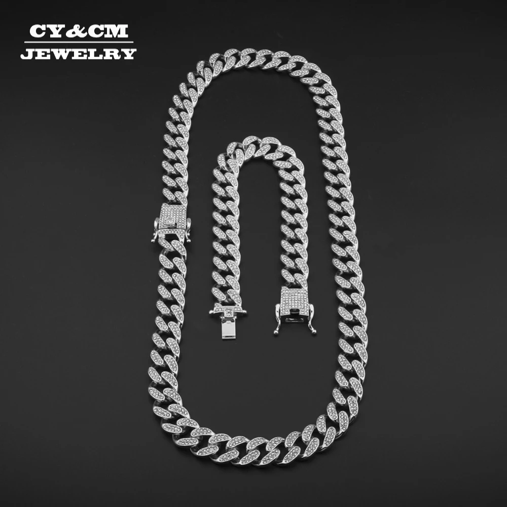 

Iced Out Bling Rhinestone Crystal Gold Silver Miami Cuban Link Chain for Women Men Hip hop Necklace Long Fashion Necklaces Set