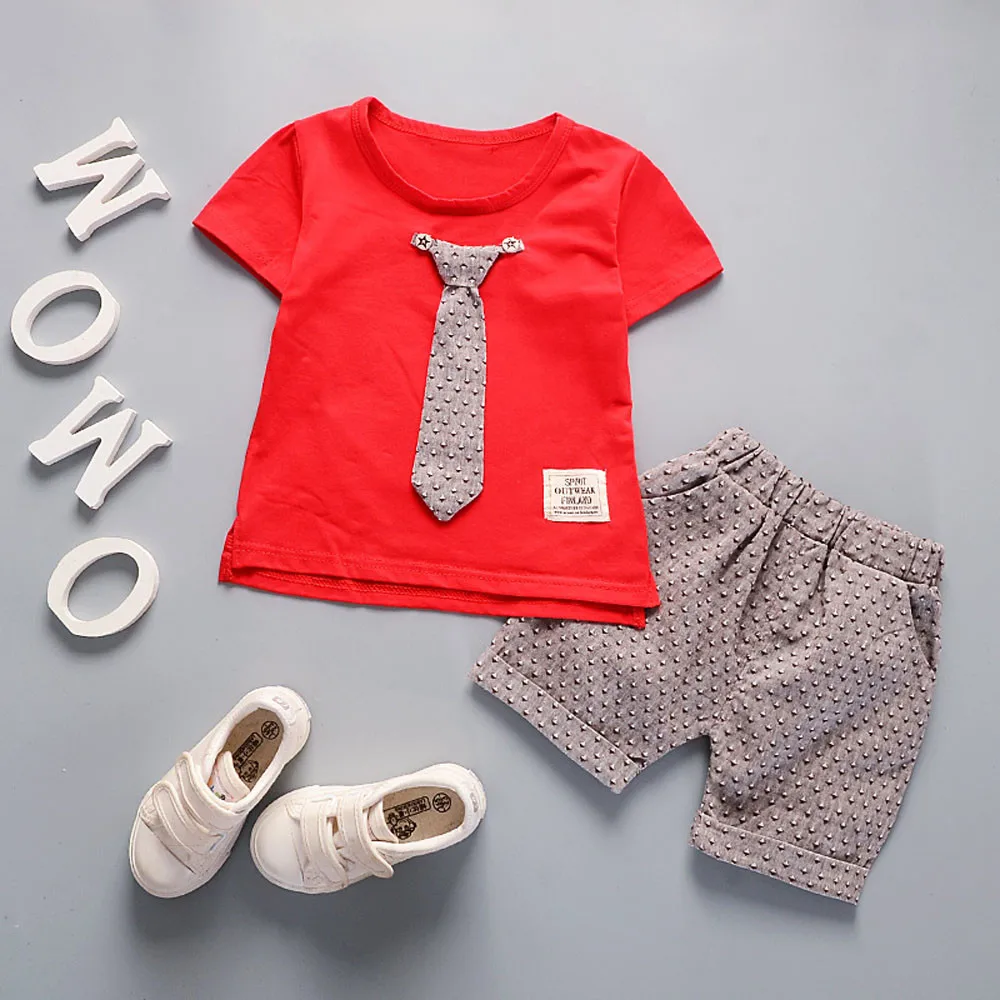 MUQGEW/летний комплект одежды для мальчиков футболка с короткими рукавами и галстуком+ однотонные шорты, комплект одежды для мальчиков roupa infantil vetement enfant fille# p30US