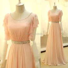 Eine Linie Scoop Ausschnitt Kurze Flutter Sleeve Spitze Chiffon Rosa Abendkleid mit Kristall Perlen Gürtel Lange Formale Abendkleid