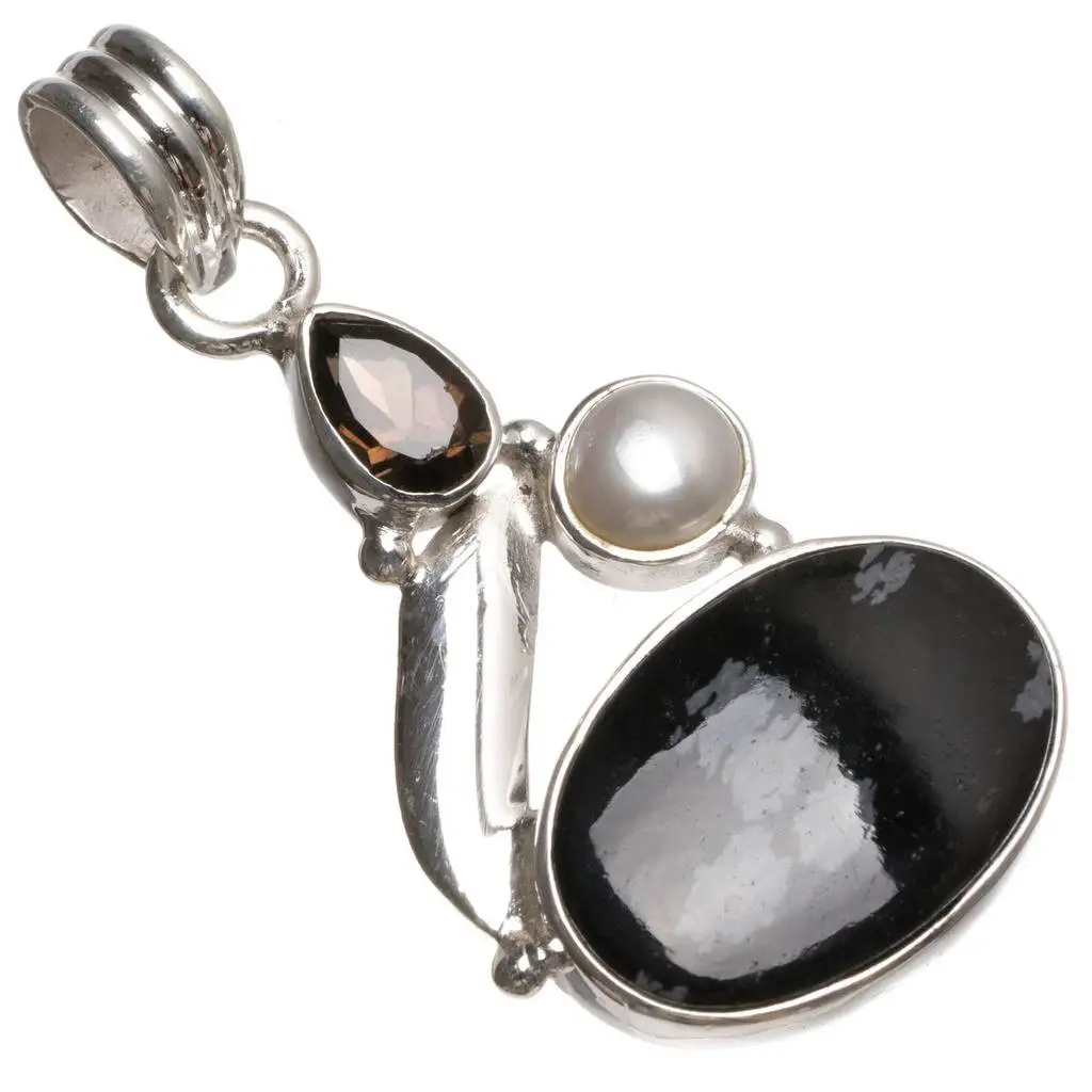 

Natural Snowflake Obsidian,Smoky Quartz and River Pearl 925 Sterling Silver Pendant 1 3/4" T0360