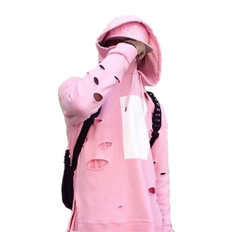 New Fashion Mens Hip Hop Pink Hoodies With Holes Male Fashion Streetwear Sweatshirt Side Split