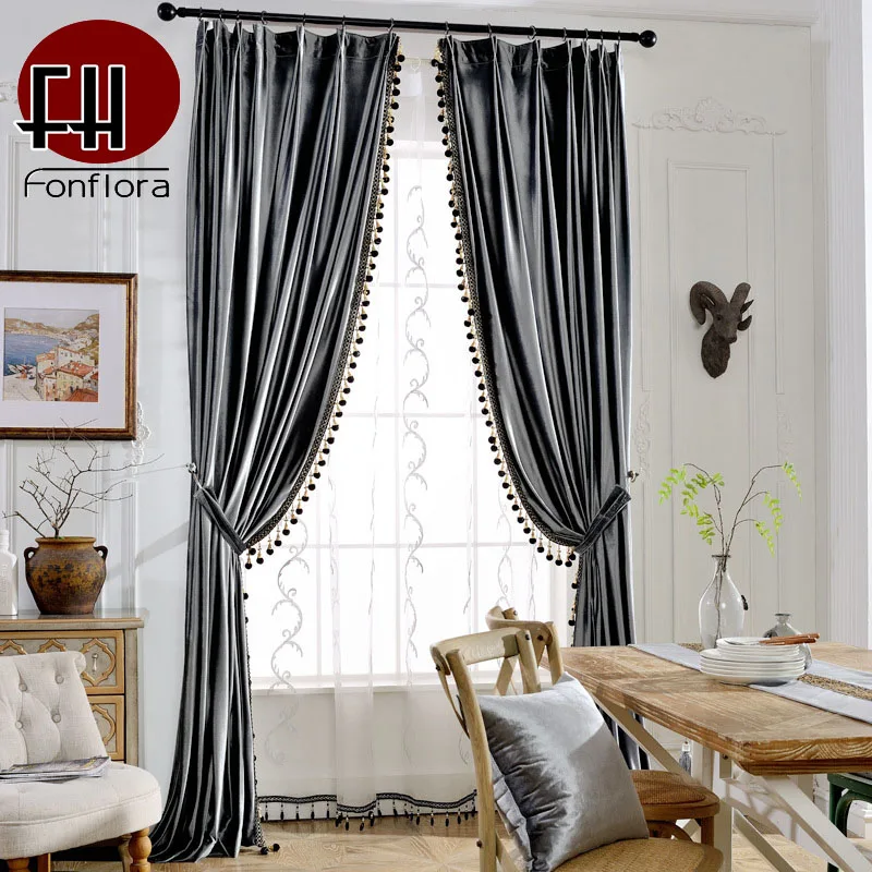 

Europe Velvet Curtains For Living Room Luxury Curtains For Bedroom Solid Italy Velvet Fabric With Pom-pom Pendant Soft Drapes