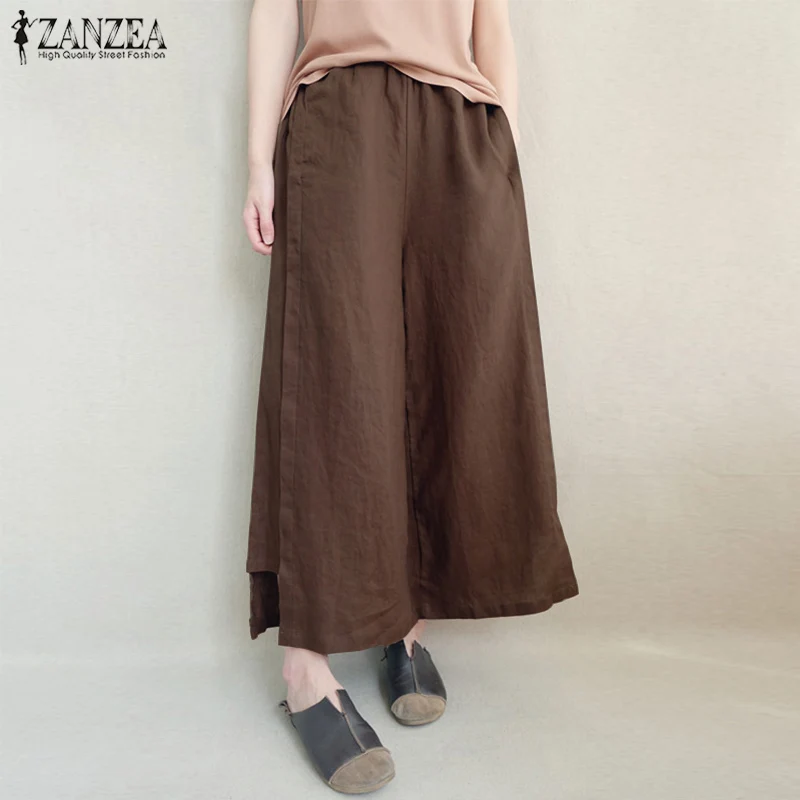 5XL 2019 ZANZEA Women Wide Leg Pants Summer Casual Elastic Waist Cotton Linen Loose Pantalon Flare Trousers Streetwear Plus Size 5XL 2019 ZANZEA Women Wide Leg Pants Summer Casual Elastic Waist Cotton Linen Loose Pantalon Flare Trousers Streetwear Plus Size