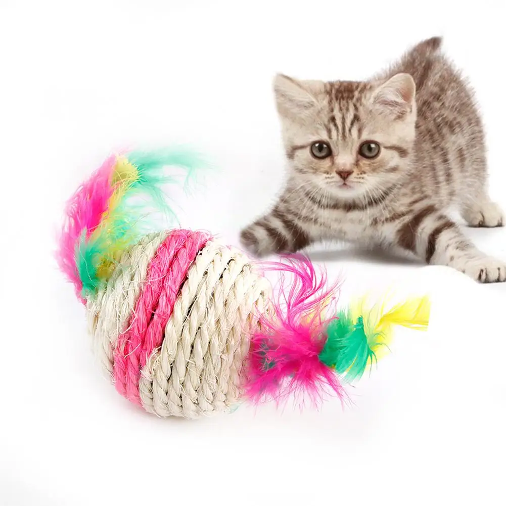 Cat Toy Feather Sisal Ball Pet Cat Kitten Durable Chew Biting Scratch