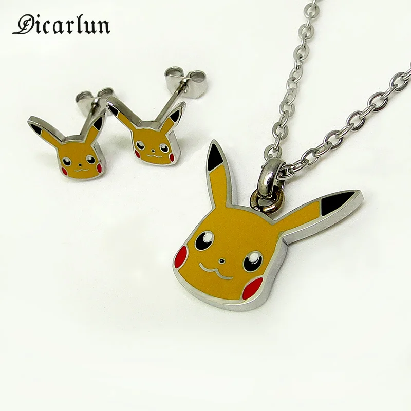 

DICARLUN Anime Pokemon Pikachu Pendant necklace earrings jewelry sets for women Stainless Steel Pocket Monster Cartoon Jewelry