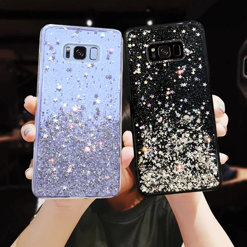 

Fashion Phone case for Samsung Galaxy S8 S9 Plus S10 Designer Luxury Silver Glitter Sparkling Solid Quicksand Cute Protective