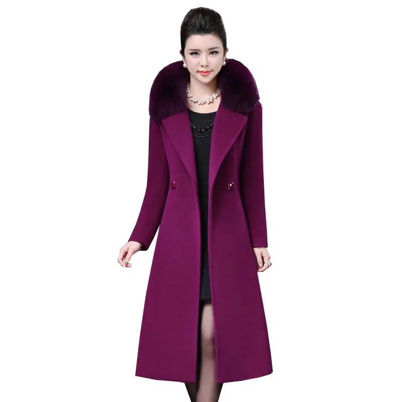 Plus size 4XL Middle aged Womens Woolen Coat Winter 2018 New Imitation Fox Fur Collar Wool Overcoat Long Slim Woolen Jacket