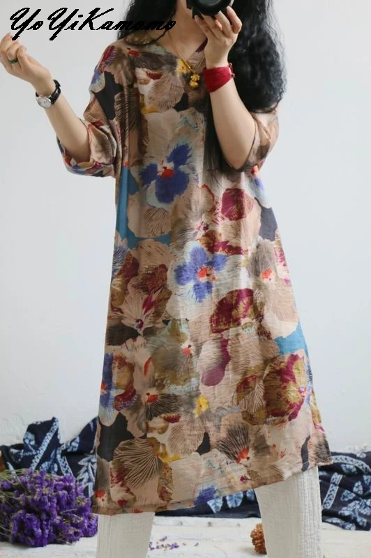 

YoYiKamomo 2017 women linen dress big size new original silk linen loose large V-neck thin retro summer robe women