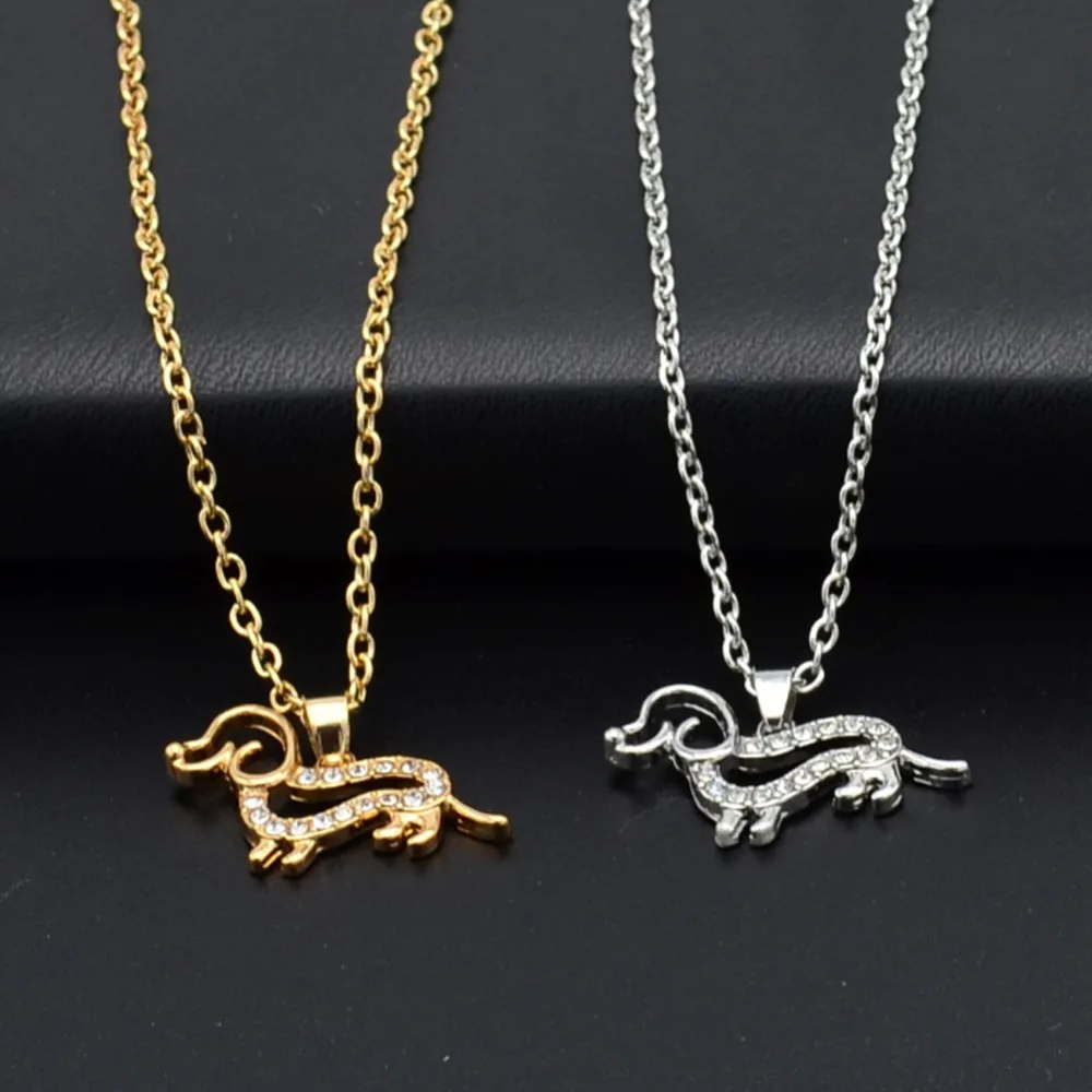 

Cute Little Puppy Dog New Pendant Necklace Gold Silver Color Crystal Dachshund Choker Collar Woman Girls Jewelry Gift