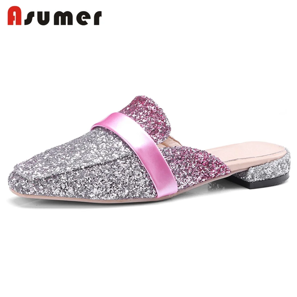 

ASUMER HOT 2018 fashion sequined cloth flats women square toe shallow slingback mules summer shoes ladies casual party shoes