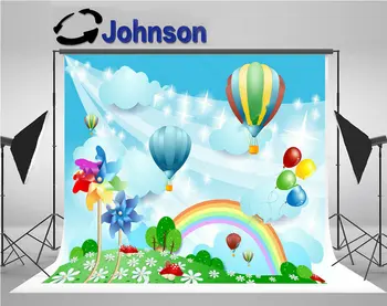 

Balloons Rainbow Pinwheels sparkly clouds flower tree grass backdrop Vinyl cloth Computer print children kids background