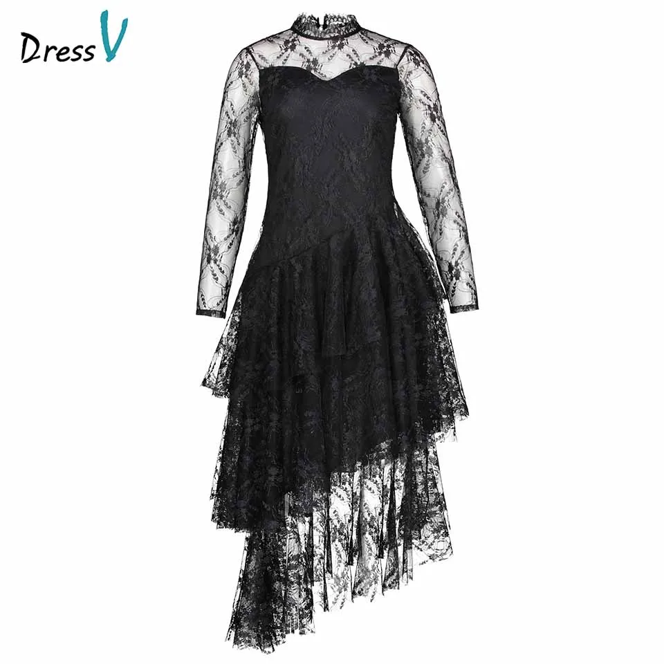 

Dressv black evening dress cheap high neck lace long sleeves a line tea length wedding party formal dress evening dresses