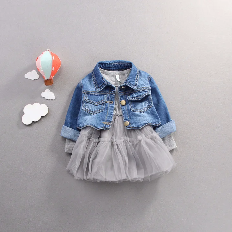 Новое Осеннее Хлопковое платье в стиле пэчворк в английском стиле для девочек джинсовое платье принцессы для детей от 0 до 3 лет Сетчатое платье из двух предметов - Цвет: Серый