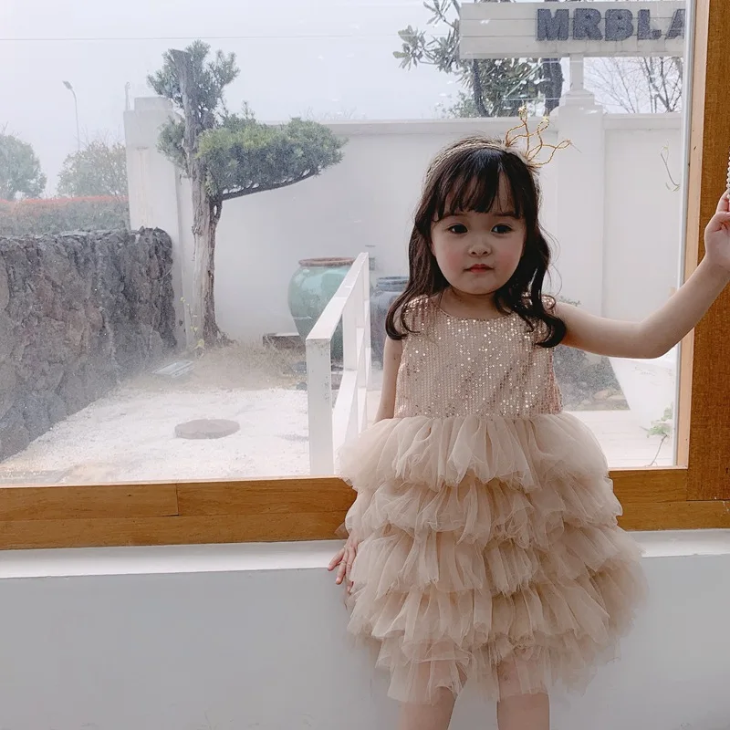 

Toddler Kids Baby Girls Summer Rose Gold Dresses Sleeveless Party Prom Costume Girl Pageant Dancing Sequined Tutu Layered Dress