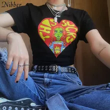 Nibber2019-Camiseta de manga corta con cuello redondo para niña, top corto de algodón para mujer, camisetas informales básicas elásticas suaves, color negro