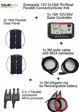 Solarparts 12V 2x18W DIY RVBoat Kits Solar System 18W flexible solar panel1x 10A solar controller 1 set 3M MC4 cable 1 set clip