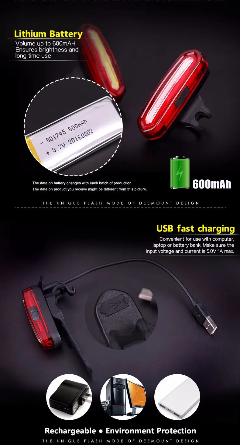 Best Deemount 100 LM Rechargeable COB LED USB Mountain Bike Tail Light Taillight MTB Safety Warning Bicycle Rear Light Bicycle Lamp 7
