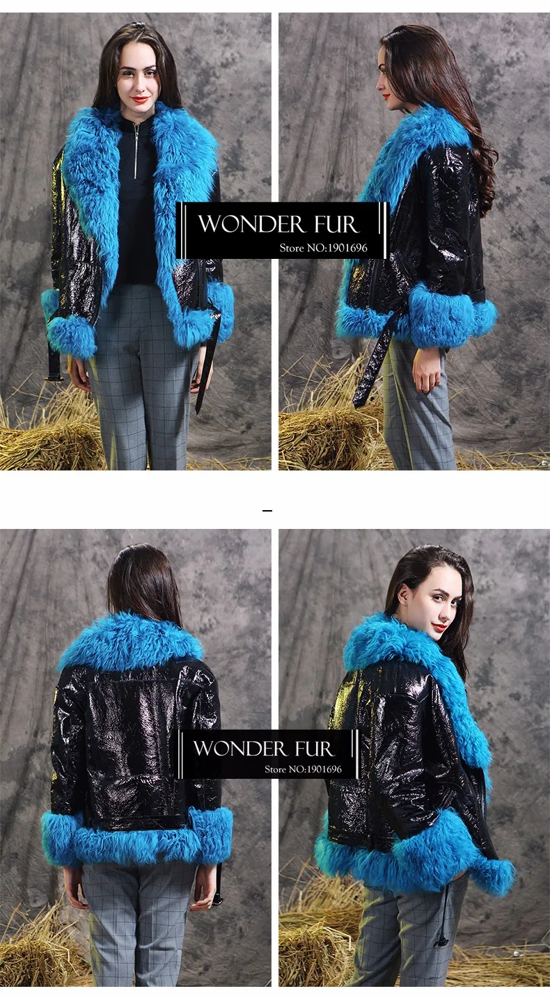 Новая коллекция, мех ягненка и кожаная куртка, зимняя женская меховая короткая шуба, креативный стиль, шуба из овчины, двусторонняя шуба