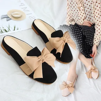 

2019 Flock Flat Heels Slippers Woman Closed Toe Mules Fashion Slides Butterfly-kontFlip Flops Sandalias Mujer Slides Shoes Woman