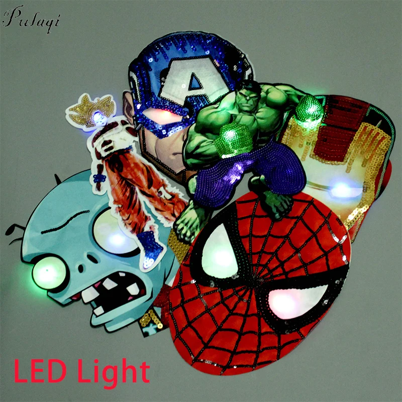 

Pulaqi Cartoon Spiderman Sequins Patch LED Light DIY Embroidered Patches On Clothes Sewing On Patches For Kids Clothing Applique