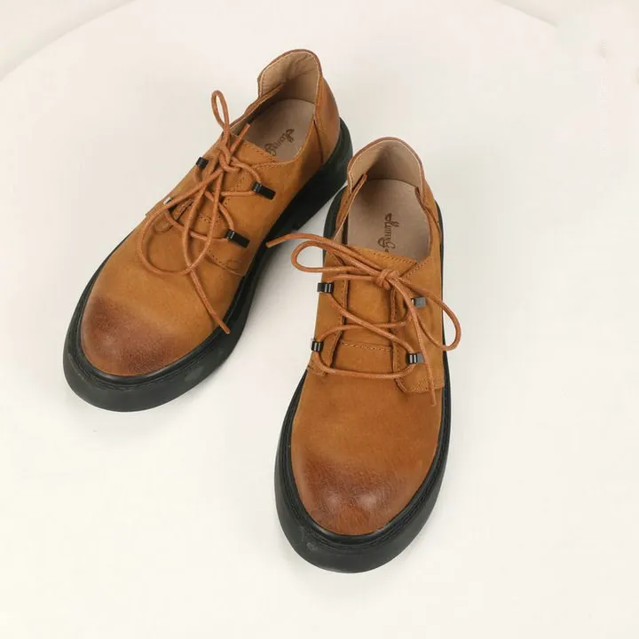 HUIFENGAZURRCS/оригинальная женская обувь из коровьей кожи; обувь в стиле ретро с круглым закрытым носком; обувь на плоской подошве - Цвет: Brown