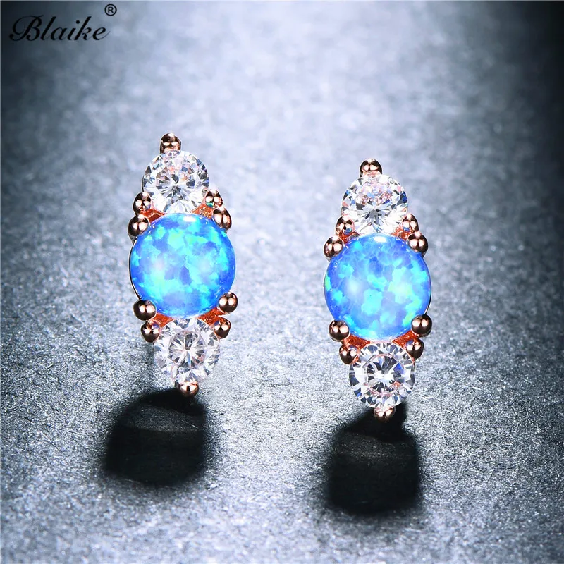 

Blaike Boutique Four Matches Blue/White Fire Opal Stud Earrings For Women 925 Sterling Silver Filled/Rose Gold Filled Party Gift