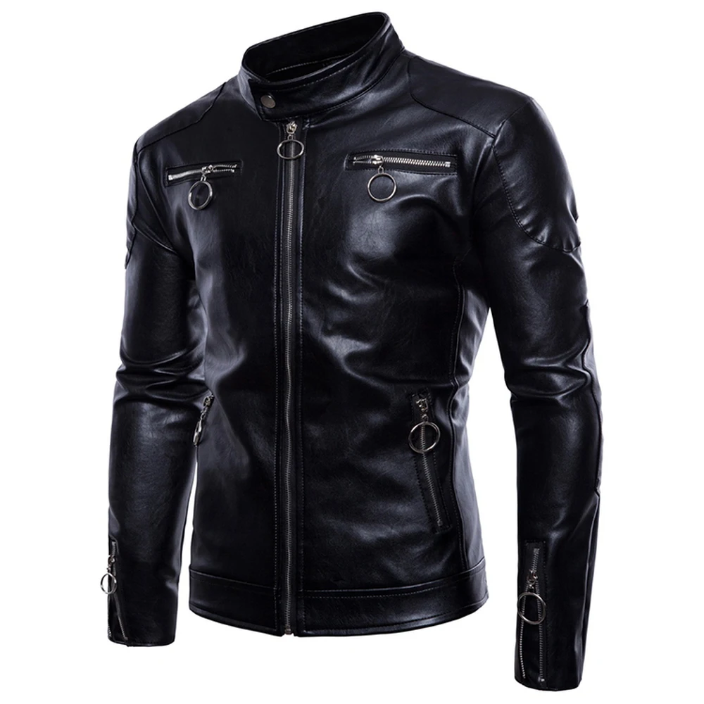 

Fashion Simple Men PU Leather Jackets Spring Autumn Clothing Classic Black Stand Collar Vintage Punk Moto Biker Tops Zipper Coat