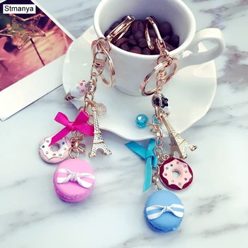 

Macarons Cake Keychain Keychains With France Paris LADUREE Effiel Tower Macarons Ribbon Keyrings Bag Charm Gift Accessories 1502