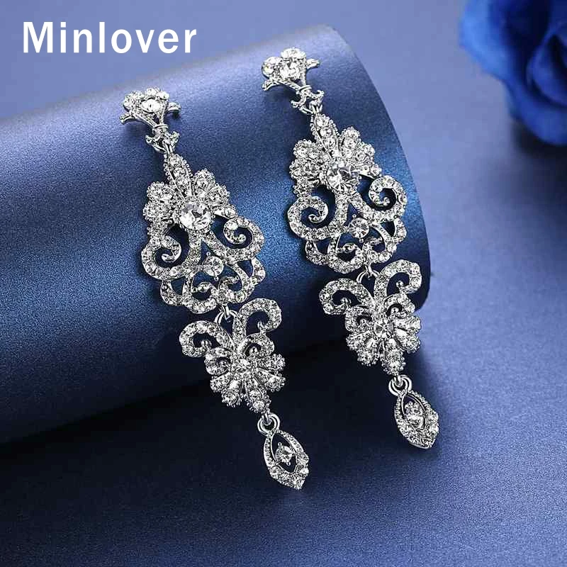Роскошные цветочные длинные висячие серьги Minlover для женщин прозрачные кристаллы