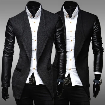 

XingDeng Men's fashion pu leather long seelve Wool garment open stitch jackets Business casual Smart Suit high quality top Coats