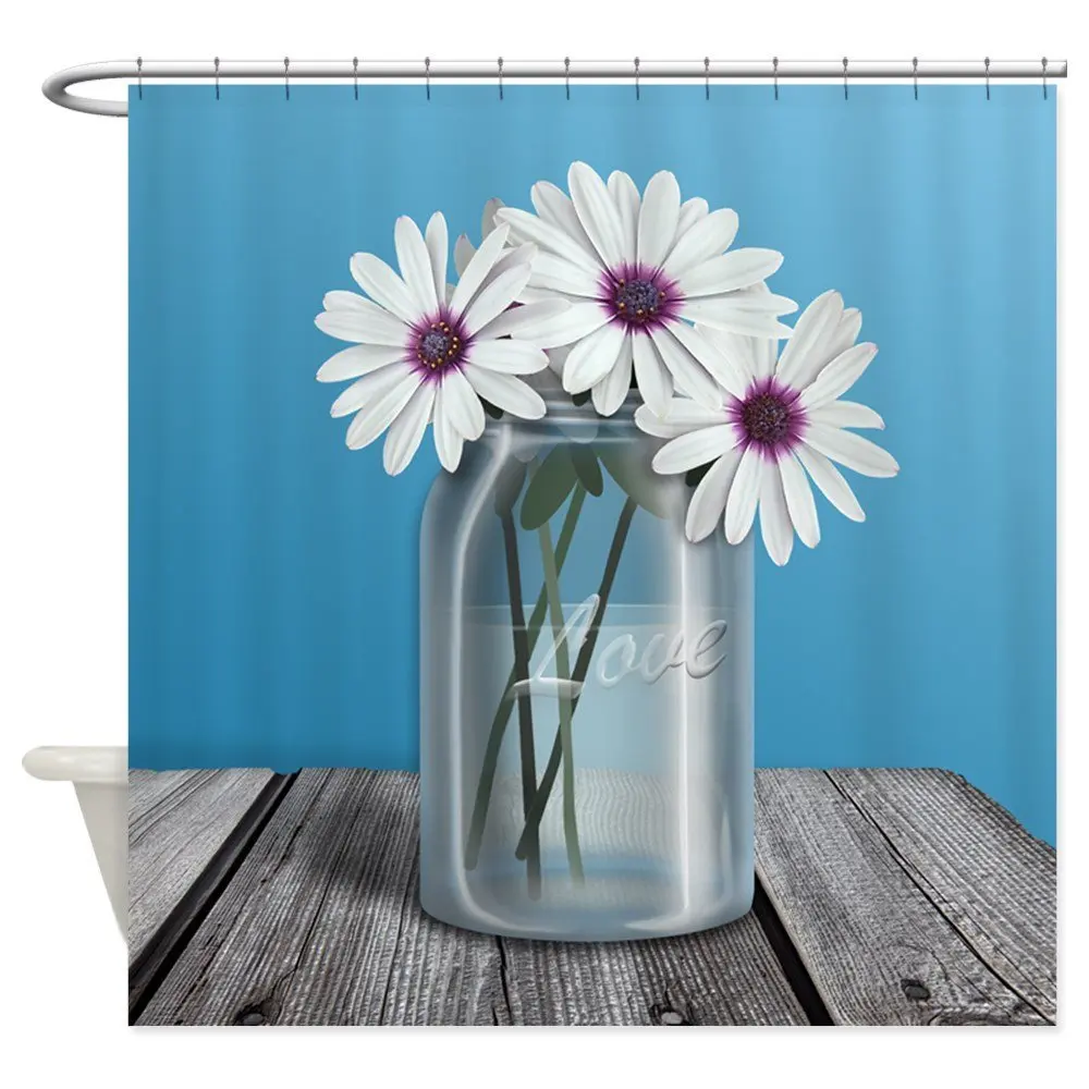 White And Purple Daisy Mason Jar Blue Shower Curta Decorative Fabric