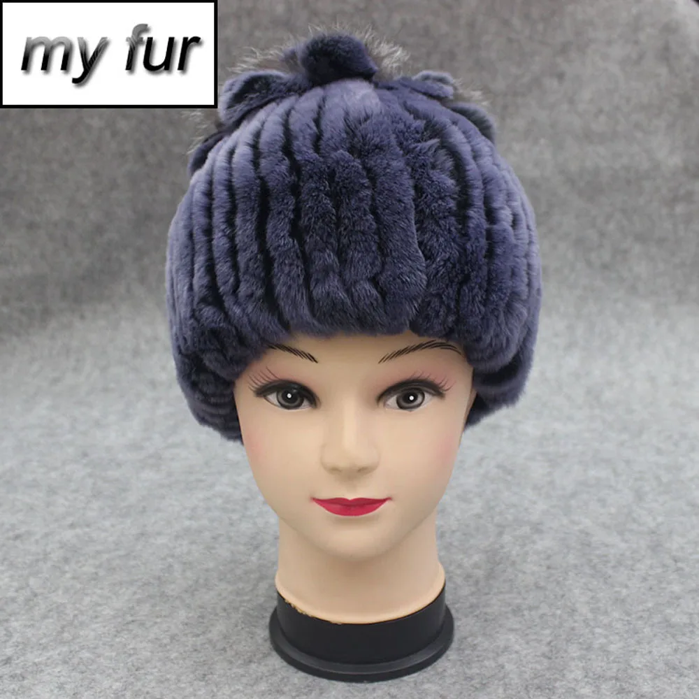 Горячая Для женщин из меха кролика меховая шапка зимняя кроличий мех шапочки Кепки в полоску с помпоном в виде цветка из лисьего меха Теплый вязаный натуральный мех Кепки s