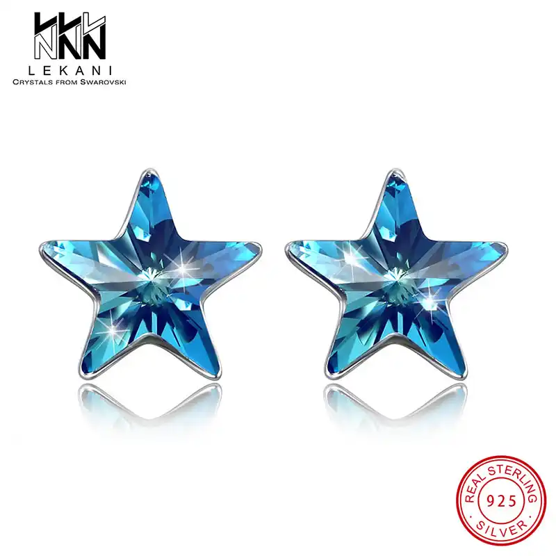 Plata esterlina Estrella Azul y Chrystal Pequeño Aretes