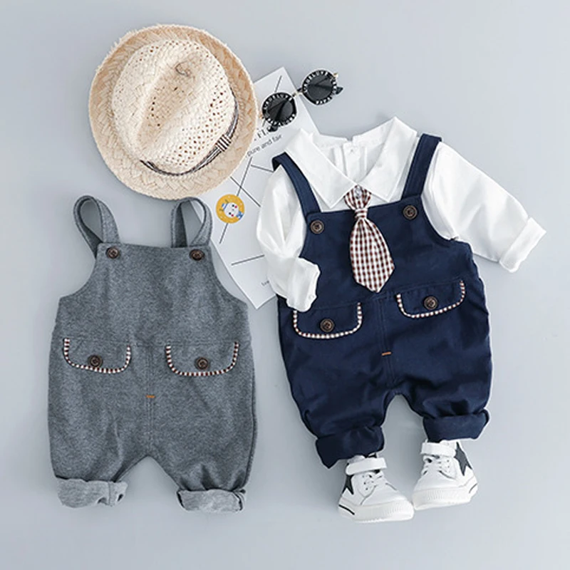 

White Pullover Shirt + Grey/Nary Overall 2 Pieces Children Clothes Suit 2019 Spring New Arrived Fashion Navy Style Clothing Set