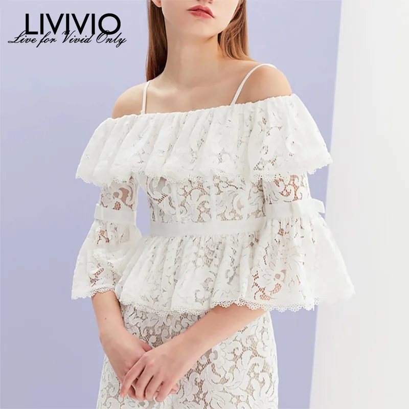 

[LIVIVIO] Summer Elegant Lace Embroidery Solid Women's Blouse Slash Neck Flare Sleeve High Waist Slim Female Top Clothing 2019