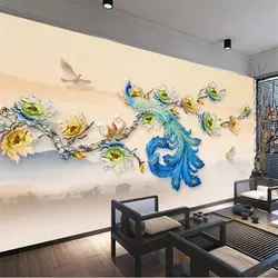 Обои на заказ, 3d Фреска, современный минималистичный новый китайский Рельефный цветочный Павлин фон, Настенная роспись, papel de parede