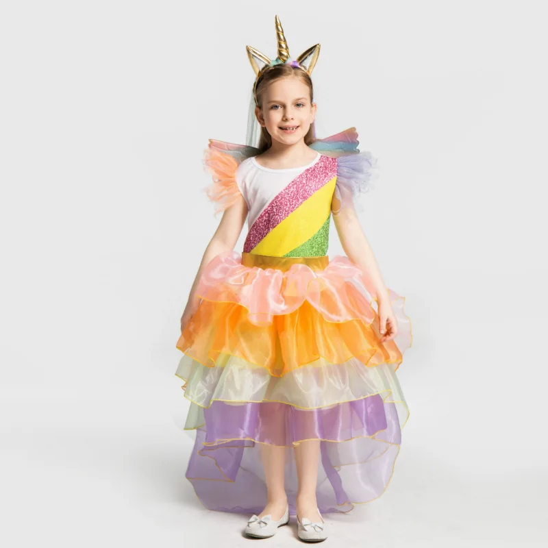 Детское Радужное платье с единорогом для девочек; Карнавальный костюм для выпускного вечера; Детские платья принцессы с единорогом; обруч для волос; Комплект крыльев; Одежда для Хэллоуина - Цвет: B