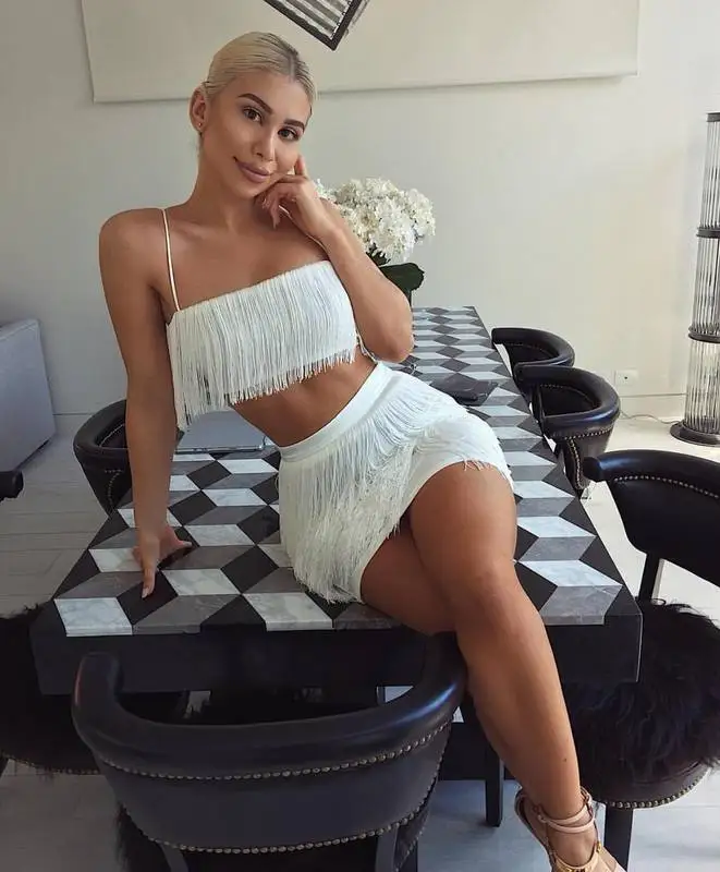 

Summer Wear Sexy Women 2 Pieces Set Dress Mini Tassel Rayon Bandage Dress