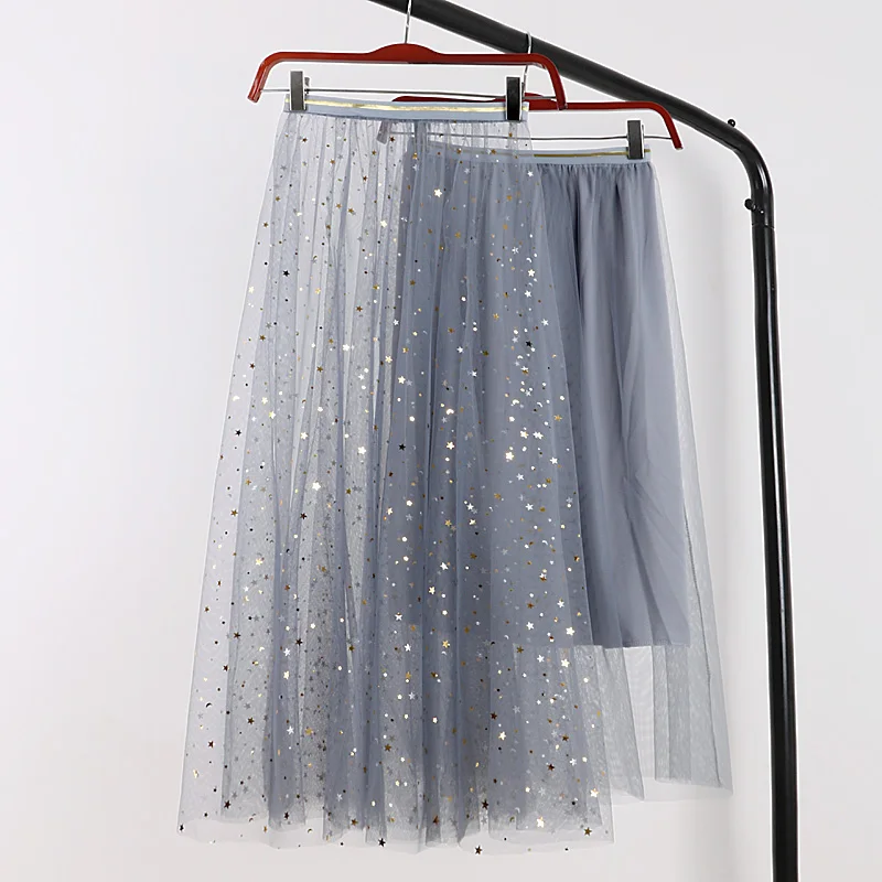 2019 New High Waist Slim Two Pieces Stars Sequins Tulle Skirt A-line Medium Long Black Pink Gray Pleated Midi Skirt 2019 New High Waist Slim Two Pieces Stars Sequins Tulle Skirt A-line Medium Long Black Pink Gray Pleated Midi Skirt