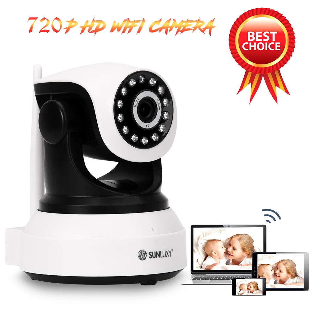 SUNLUXY 720P HD WiFi IP Camera 1MP Wireless Network Onvif CCTV Baby Camera P/T IR Night Vision Support 32G SD Card Video Audio