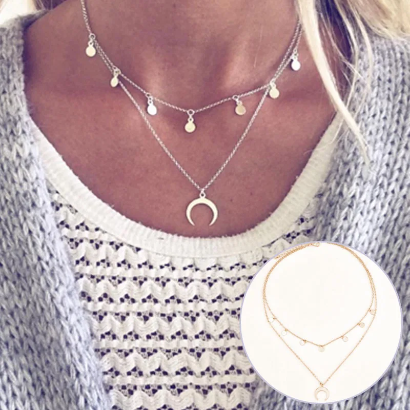 Изящные 1 шт. регулируемый высокое качество Moon монет Chocker Boho сеть Многослойные колье Цепочки и Ожерелья Уникальный Аллергия подарки Серебристые