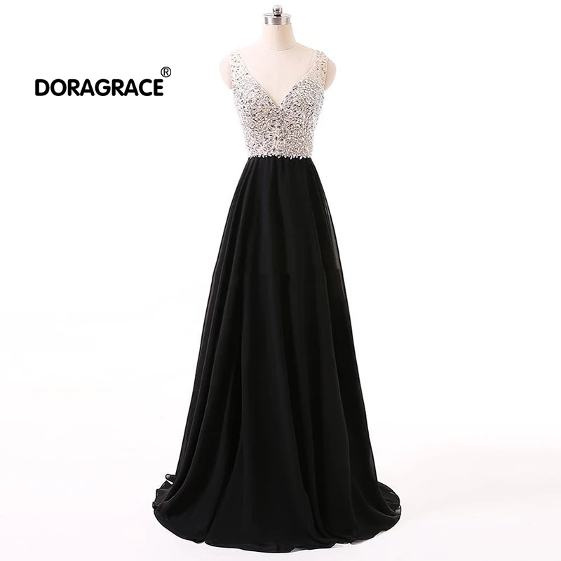 

Doragrace robe de soiree A-Line Floor-Length V-Neck Black Crystal Formal Evening Dresses
