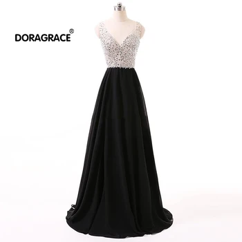 

Doragrace robe de soiree A-Line Floor-Length V-Neck Black Crystal Formal Evening Dresses