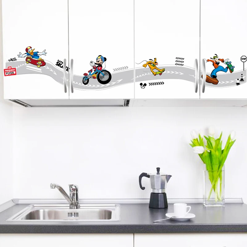 Disney Mickey Mouse Play Skateboard Funny Skiting Line Wall Stickers For Home Kitchen Kid Room Decor PVC Mural Wall Art Decals