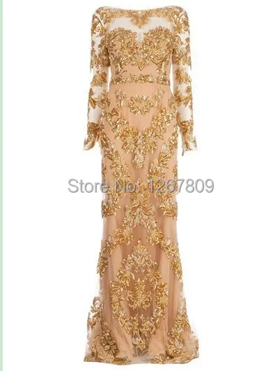 Лето реальное изображение Zuhair Мурад длинный рукав спинки длинное платье для выпускного со шлейфом Золотые Аппликации платье знаменитостей