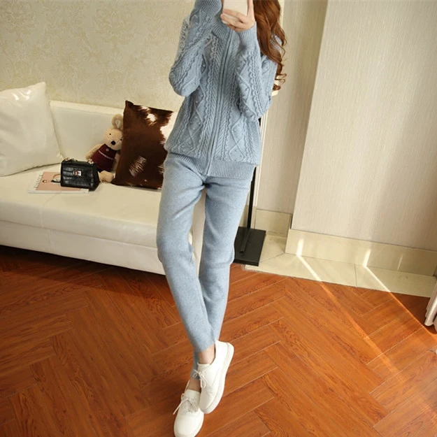2018 Sale Wool Full Winter Women's New 2-piece Suit Cashmere Knit Cardigan Fashion Casual Trousers Vintage Two Piece Set Female 2018 Sale Wool Full Winter Women's New 2-piece Suit Cashmere Knit Cardigan Fashion Casual Trousers Vintage Two Piece Set Female