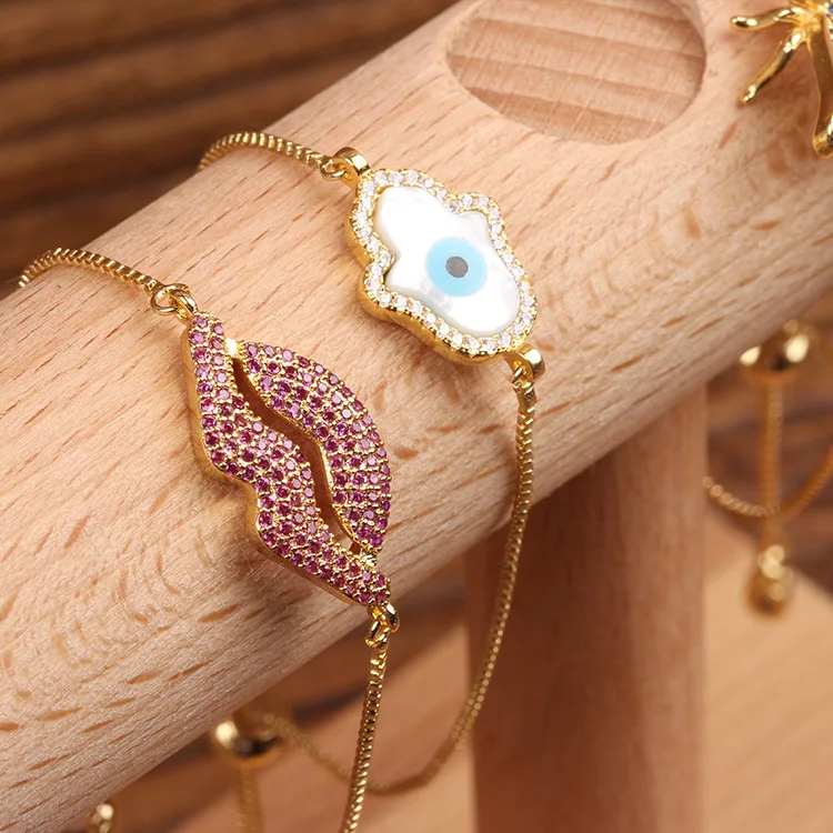 

2019 Lips Palm Beetle Bee Zircon Bracelet Gold Color Zircon Copper Adjustable Chain Charm Bracelets for Women Jewelry Wristband