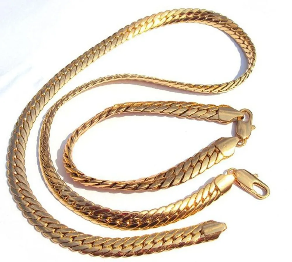 Mens Thick Tight Chain Necklace Bracelet Sets Yellow Solid Herringbone