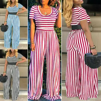 

2019 New Womens Striped Jumpsuit Wide Leg Long Trouser Playsuit Ladies Summer Boot Cut Jumpsuit Short Sleeve Plus Size S-2XL