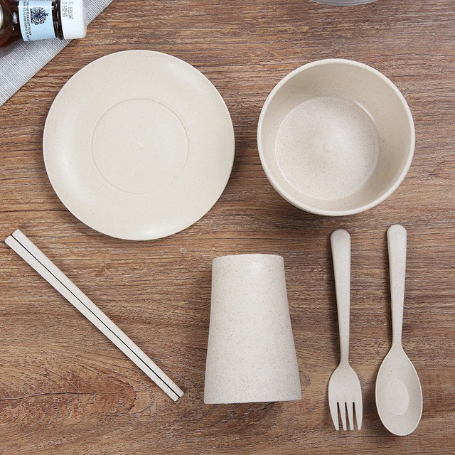 6pcs/set Baby Children Tableware Set Tableware Wheat Straw Household Dishware Set Simple Dishes Salad Soup Bowl Steak Plate 5